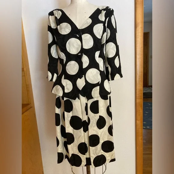 Flora Kung Large Polka Dot Black and White 2pc Peplum Floral Midi Ensemble Retro - Picture 1 of 16